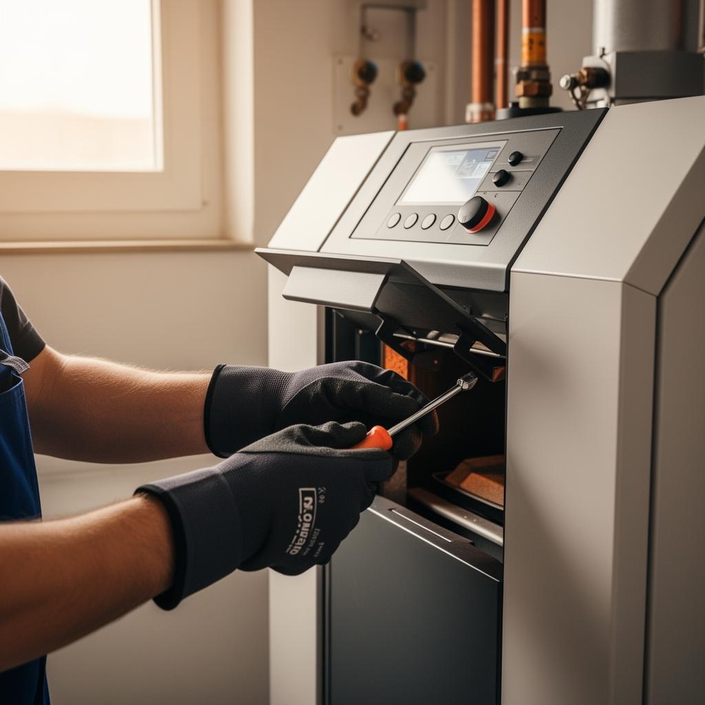 Technik provádí servis peletového kotle